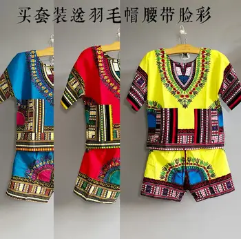 Дашики Afrika Kompleti Odjeće Odijelo Za Nastupe Ženski Muški Dječji Top Etničko po cijeloj površini + kratke hlače 2