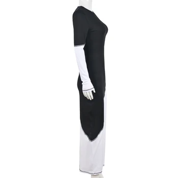Xiktop Donje Винтажное haljina na jedno rame s okruglog izreza, crno-bijelu haljinu Trapeznog oblika u patchwork stilu, Vanjska Odjeća 2022, Jesenski Modni Odjeću Y2k 1