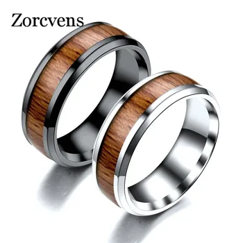ZORCVENS Crno-Bijeli prstenovi od Nehrđajućeg Čelika s tamno crvenom drveni umetak unutar prstena, gospodo jedinstveni modni nakit za zaruka 0