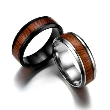 ZORCVENS Crno-Bijeli prstenovi od Nehrđajućeg Čelika s tamno crvenom drveni umetak unutar prstena, gospodo jedinstveni modni nakit za zaruka 3