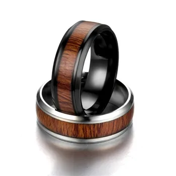 ZORCVENS Crno-Bijeli prstenovi od Nehrđajućeg Čelika s tamno crvenom drveni umetak unutar prstena, gospodo jedinstveni modni nakit za zaruka 4