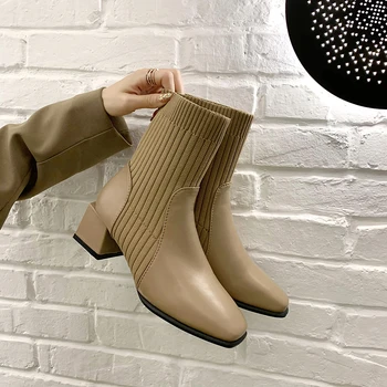 Nove ženske Čizme za debelim petama s trga vrhom, Trendy Čizme Chelsea, Elastične Čarape, Ulica ženske cipele, Trend 4