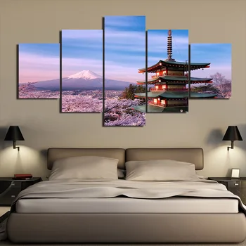 Home Dekor Zid Umjetnost Platnu Japan Planina Fuji Slikarstvo Trešnje Cvijeće Slike HD Tisak je Moderna 5 Compl. Plakat Spavaća Soba Modularni Okvir 1