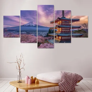 Home Dekor Zid Umjetnost Platnu Japan Planina Fuji Slikarstvo Trešnje Cvijeće Slike HD Tisak je Moderna 5 Compl. Plakat Spavaća Soba Modularni Okvir 3
