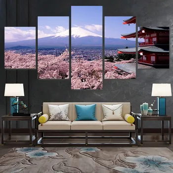 Home Dekor Zid Umjetnost Platnu Japan Planina Fuji Slikarstvo Trešnje Cvijeće Slike HD Tisak je Moderna 5 Compl. Plakat Spavaća Soba Modularni Okvir 5