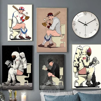 Astronaut Igrač Bejzbola Na Wc Platnu Apstraktna Vintage Zidni Art Print Мультяшный Plakat Kupaona Wc Kućni Dekor 0