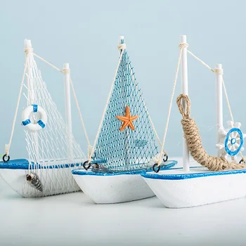 Mediteranski Stil Morski Marine Plavi Drveni Jedrenjak Brod Drveni Obrta Mini Brod Večernje Uređenje Dekoracije Za Dom 4