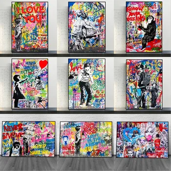 Banksy je Umjetnička Slika Na Platnu Pop-ulica Grafita Poster Djeca Vole Zidni Umjetničke Slike Ispise Za uređenje Doma Dnevni boravak Bez Okvira 0