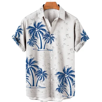 Ljetna Novi Havajski Košulja po cijeloj površini Kokos Palme, V-oblika montažni rez, Jedna Riječ, Gumb, Kratki Rukav, Casual Moda, Beachfront Resort Stil, Slobodan 5xl