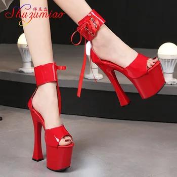 Godišnji noćni klub Crvena striptizeta cipele odrasle žene 20 cm petu sandale platforma jednobojnu gležanj remen lakiran model cipela