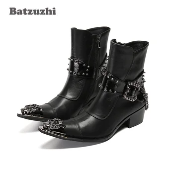 Batzuzhi/kaubojske čizme u zapadnom stilu sa visokim potpeticama 6,5 cm, kožne čizme ručne izrade Visokog kvaliteta, muške čizme u stilu punk s oštrim željeznim vrhom i lancem!
