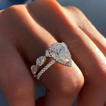 Huitan Nježna AAA Kruška Kristal, Cirkon Ženski Vjenčanje Vjenčanje Skup Prstenova Prijedlog Prsten za Gf Neobičan Dar Modni Nakit