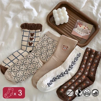 3 kom./lot, ženske Slatka čarape, elastične čarape srednje dužine, komplet od Pamuka čarape s cvjetnim uzorkom životinja, ženske Prozračna čarape s gljiva